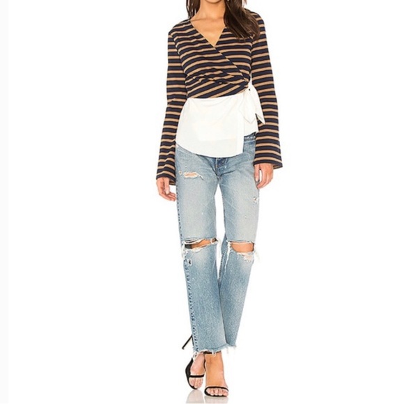 Like New! DEREK LAM 10 CROSBY Sz 4 Combo Stripe & Poplin Wrap Blouse in Midnight - Picture 4 of 8